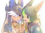  2boys :t animal_ears animal_hat black_choker black_hair black_headwear blue_eyes blush choker cyno_(genshin_impact) dark-skinned_male dark_skin eating flower food food_in_mouth fox_boy fox_ears genshin_impact green_hair hair_between_eyes hair_over_one_eye hat hood hood_down male_focus medal multicolored_hair multiple_boys nobinolifes open_mouth red_eyes short_sleeves simple_background tighnari_(genshin_impact) upper_body white_background white_hair yellow_flower 