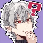  1boy ? ahoge closed_mouth commentary_request ear_piercing earrings grey_hair hair_between_eyes hand_up jewelry kuzuha_(nijisanji) looking_away lowres male_focus mole mole_under_eye nijisanji outline piercing pointy_ears portrait purple_background red_eyes simple_background solo virtual_youtuber wacho_(nanto_wachou_ken) wavy_mouth white_outline 