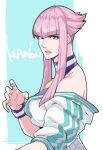  1girl bare_shoulders blue_eyes blue_wristband dougi french_flag hime_cut ichimat77760628 looking_at_viewer manon_(street_fighter) martial_arts_belt off_shoulder pink_hair street_fighter street_fighter_6 wristband 