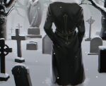  1boy angel_statue bare_tree black_coat chrollo_lucilfer coat cross from_behind fur-trimmed_coat fur_trim grave graveyard hands_in_pockets head_out_of_frame highres hunter_x_hunter inverted_cross long_coat long_sleeves male_focus outdoors smnsutycoc snow solo tombstone tree 