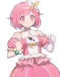  1girl bare_shoulders blush bracelet breasts closed_mouth dress elbow_gloves frills gloves hair_ribbon haru_(ririne9999rine) highres jewelry looking_to_the_side medium_breasts multicolored_ribbon off-shoulder_dress off_shoulder pink_dress pink_eyes pink_hair polka_dot project_sekai puffy_short_sleeves puffy_sleeves ribbon short_hair short_sleeves simple_background single_glove smile solo standing striped striped_dress v-shaped_eyebrows white_background white_gloves white_ribbon yellow_ribbon 