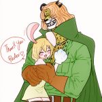  1boy 1girl age_difference animal_ears animal_hands artist_request bare_shoulders blonde_hair blush brown_gloves cape carrot_(one_piece) closed_eyes dress english_text fangs gloves green_cape green_shirt hair_over_one_eye happy hug jewelry legs_together lion_ears medium_hair necklace one_eye_covered one_piece orange_hair paw_gloves pedro_(one_piece) rabbit_ears rabbit_girl shirt short_dress short_hair simple_background size_difference smile speech_bubble thigh-highs white_background zettai_ryouiki 