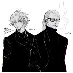  2boys aged_up black_shirt blonde_hair blue_eyes cigarette daybit_sem_void facial_hair fate/grand_order fate_(series) hair_between_eyes long_hair looking_at_viewer looking_to_the_side male_focus mature_male multiple_boys necktie nobicco partially_colored ponytail shirt short_hair simple_background smoke smoking stubble sunglasses tezcatlipoca_(fate) upper_body violet_eyes white_background 