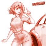  1girl belt breasts car copyright_name famicom_grand_prix_ii:_3d_hot_rally hand_up highres legs_apart medium_breasts minamoto80486 miniskirt monochrome motor_vehicle open_mouth red_theme ringed_eyes short_hair short_sleeves side_slit simple_background skirt solo standing white_background 