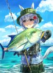  1girl absurdres animal animal_ears animal_focus bottle clouds commentary_request ears_through_headwear fingerless_gloves fish fishing_gear fishing_lure fishing_rod flower fusou_(fuso0205) gloves grey_eyes grey_hair grin hair_between_eyes hair_flower hair_ornament hat hibiscus highres holding holding_animal holding_fish horse_ears horse_girl horse_tail in_water island jack_(fish) looking_at_viewer medium_hair ocean parody pocari_sweat seiun_sky_(umamusume) shaded_face shirt smile solo tail umamusume water_bottle weighing_scale wet wet_clothes 