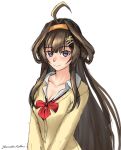  1girl ahoge alternate_costume artist_name bow brown_cardigan brown_hair cardigan closed_mouth collarbone commentary_request cropped_torso hair_ornament hairband hairclip kantai_collection kongou_(kancolle) long_sleeves looking_at_viewer one-hour_drawing_challenge red_bow rekka_yamato simple_background smile solo violet_eyes white_background 