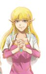  1girl blonde_hair closed_mouth dress hair_ribbon highres interlocked_fingers long_hair long_sleeves looking_at_viewer own_hands_together pink_dress pointy_ears princess_zelda psp26958748 ribbon simple_background smile solo the_legend_of_zelda the_legend_of_zelda:_skyward_sword tress_ribbon upper_body white_background 