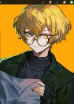  1boy black_sweater blonde_hair closed_mouth coat glasses green_coat highres holding holding_paper limbus_company long_sleeves looking_at_viewer male_focus paper project_moon round_eyewear shigure_(unininaritai) sinclair_(limbus_company) solo sweat sweater upper_body wing_collar yellow_background yellow_eyes 