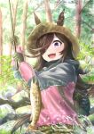  1girl :d absurdres animal animal_ears backpack bag brown_hair commentary_request ears_through_headwear fish fishing_rod fusou_(fuso0205) gloves hair_over_one_eye hat highres holding holding_fishing_rod hood hood_down horse_ears horse_girl horse_tail jacket long_hair looking_at_animal open_mouth outdoors pants rice_shower_(umamusume) rock salmon smile solo splashing tail tree umamusume violet_eyes water 
