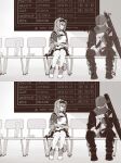  1boy 1girl animal_ears arknights braid cabbie_hat cat_ears cat_girl cat_tail chair commentary_request fading folding_chair goldenglow_(arknights) greyscale hat holding jacket long_hair monochrome on_chair open_clothes open_jacket pants red_(npc)_(arknights) shirt shoes single_braid sitting skirt tail thigh-highs youci332502 