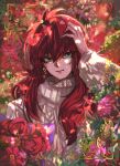  1boy alternate_costume androgynous artist_name blurry bokeh bouquet chromatic_aberration closed_mouth depth_of_field earrings floral_background flower green_eyes hair_between_eyes hand_on_own_head head_tilt highres holding holding_bouquet jewelry kurama_(yu_yu_hakusho) leaf long_hair long_sleeves looking_at_viewer male_focus miyukiko red_flower red_rose redhead rose signature smile solo sweater turtleneck yu_yu_hakusho 