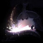  hammer highres hollow_knight jamesbbarrow nail_(hollow_knight) nailsmith_(hollow_knight) no_humans sparks 