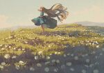  1girl bare_legs blonde_hair blue_dress blue_eyes clouds dress flower grass holding holding_clothes holding_dress long_hair original outdoors potg_(piotegu) profile redrawn shadow short_sleeves signature sky solo standing white_flower wide_shot wind 