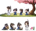  4boys :o aged_down artist_name bishounen black_footwear black_hair blue_robe book boots brown_eyes bug butterfly camellia cherry_blossoms chibi child chinese_clothes chinese_commentary chu_wanning closed_mouth commentary_request cushion erha_he_tadebai_mao_shizun flower following grass green_eyes hair_ornament hanfu high_ponytail long_hair long_sleeves male_child male_focus mo_ran multiple_boys multiple_views open_book parted_bangs pink_flower ponytail robe rock sheng3_3 shi_mei sidelocks simple_background sitting smile studying table tree violet_eyes walking weibo_logo weibo_username white_background white_footwear white_robe xue_meng 