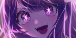  1girl absurdres chromatic_aberration close-up commentary_request eyelashes fangs hair_between_eyes hair_ornament highres hoshino_ai_(oshi_no_ko) jebura light_particles looking_at_viewer open_mouth oshi_no_ko purple_hair sidelocks solo star-shaped_pupils star_(symbol) swept_bangs symbol-shaped_pupils teeth violet_eyes 
