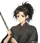  1boy artist_name bishounen black_eyes black_hair black_robe character_request chinese_clothes chinese_commentary closed_mouth commentary_request copyright_request hands_up hanfu high_ponytail holding holding_stick long_hair long_sleeves male_focus parted_bangs ponytail robe serious sheng3_3 sidelocks simple_background solo stick upper_body v-shaped_eyebrows weibo_logo weibo_username white_background 