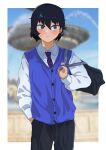  1boy absurdres alternate_hairstyle andou_(girls_und_panzer) bag black_eyes black_hair black_pants blue_necktie blue_sweater_vest blurry blurry_background blush border cardigan carrying closed_mouth dark-skinned_male dark_skin day depth_of_field dress_shirt genderswap genderswap_(ftm) girls_und_panzer hair_up hand_in_pocket highres messy_hair necktie outdoors pants school_bag shirt short_hair smile solo sweatdrop sweater_vest tenpura32200 textless_version white_border white_shirt wing_collar 