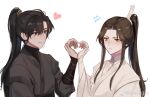  2boys artist_name bishounen black_hair black_robe blush brown_eyes brown_hair chinese_clothes chinese_commentary chu_wanning closed_mouth commentary_request erha_he_tadebai_mao_shizun flying_sweatdrops frown hair_between_eyes hair_ornament hand_up hanfu heart heart_hands heart_hands_duo high_ponytail highres long_hair long_sleeves looking_at_another male_focus mo_ran multiple_boys parted_bangs ponytail robe sheng3_3 sidelocks simple_background upper_body v-shaped_eyebrows vambraces violet_eyes weibo_logo weibo_username white_background white_robe wide_sleeves 