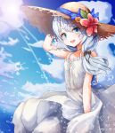  1girl :d bare_shoulders black_bow blue_eyes blue_sky bow clouds cloudy_sky dress hair_bow hat highres honkai_(series) honkai_impact_3rd kiwi1358 long_hair looking_at_viewer open_mouth outdoors sky sleeveless sleeveless_dress smile solo straw_hat summer sun sundress theresa_apocalypse white_dress white_hair 