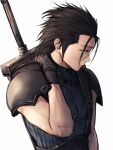  1boy antenna_hair armor black_gloves black_hair blue_eyes buster_sword closed_mouth crisis_core_final_fantasy_vii final_fantasy final_fantasy_vii final_fantasy_vii_remake gloves hand_on_own_neck highres huge_weapon looking_to_the_side maiii_(smaii_i) male_focus ribbed_sweater shoulder_armor sleeveless sleeveless_turtleneck solo spiky_hair sweater sword turtleneck turtleneck_sweater twitter_username upper_body weapon weapon_on_back white_background zack_fair 