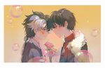  2boys bingzhen_yugao black_hair blush border braid bubble character_request flower highres holding holding_flower long_hair male_focus multicolored_hair multiple_boys painted_blush pink_flower short_hair stinky_perch_(the_tale_of_food) the_tale_of_food white_border white_hair yellow_background yellow_flower 