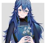  1girl ameno_(a_meno0) blue_eyes blue_hair blue_sweater blush border closed_mouth commentary_request fingernails fire_emblem fire_emblem_awakening flower grey_background hair_between_eyes holding holding_flower lips long_hair long_sleeves looking_at_viewer lucina_(fire_emblem) pink_lips ribbed_sweater simple_background smile solo sweater tiara turtleneck turtleneck_sweater white_border white_flower 