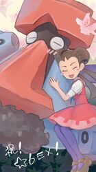  1girl alternate_color blush blush_stickers brown_footwear brown_hair closed_eyes commentary flower highres hug niji_(shihio) open_mouth pink_flower pokemon pokemon_(creature) pokemon_(game) pokemon_masters_ex probopass roxanne_(pokemon) sitting skirt smile twintails 