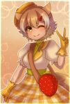  1girl alternate_costume animal_ears bag blonde_hair closed_mouth coyote_(kemono_friends) dress extra_ears food fruit gloves hair_ornament hat highres hikarikmy kemono_friends kemono_friends_v_project looking_at_viewer one_eye_closed short_hair simple_background smile solo strawberry tail v virtual_youtuber wolf_ears wolf_girl wolf_tail yellow_background yellow_eyes 