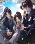  3boys :o artist_name bag bishounen black_hair black_robe black_sash blue_eyes blue_sky blush bottle brown_eyes child chinese_clothes chinese_commentary chu_wanning clouds commentary_request day eating erha_he_tadebai_mao_shizun floating_hair food food_in_mouth food_request hand_up hanfu high_ponytail highres holding holding_bottle holding_food light_particles long_hair long_sleeves looking_at_another male_child male_focus mo_ran multiple_boys napkin open_mouth outdoors paper_bag parted_bangs petals ponytail robe sash sheng3_3 sidelocks sitting sky smile teeth tree upper_teeth_only vambraces violet_eyes weibo_logo weibo_username white_robe xia_sini xue_meng 