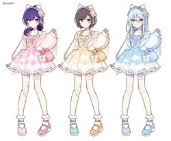  3girls alternate_color animal_ears asahina_mafuyu asymmetrical_footwear bag bandaid bandaid_on_face bandaid_on_leg blue_bow blue_bowtie blue_dress blue_eyes blue_footwear blue_hair blue_jacket bobby_socks bow bowtie brooch brown_eyes brown_hair cat_ear_footwear cat_ears cloud_print commentary_request dress fake_animal_ears frilled_dress frills hair_between_eyes hair_bow hairband hand_up heart_brooch highres jacket jewelry lolita_hairband long_hair long_sleeves mary_janes mismatched_footwear multiple_girls o-ring o-ring_thigh_strap orange_dress orange_footwear orange_jacket pastel_colors phone pink_bow pink_bowtie pink_dress pink_footwear pink_jacket project_sekai purple_hair shinonome_ena shoes short_hair simple_background socks thigh_strap violet_eyes waka_(wk4444) white_background white_socks yoisaki_kanade yume_kawaii 