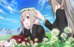  2girls :d black_hairband black_jacket blue_sky blurry blurry_foreground character_request clouds day dress eydis_(sao) flower grey_hair hair_between_eyes hairband hand_on_another&#039;s_head head_wreath jacket long_dress long_hair long_sleeves mary_(sao) mountainous_horizon multiple_girls open_clothes open_jacket open_mouth outdoors red_dress red_eyes siblings sisters sitting sky smile sword_art_online sword_art_online:_alicization white_flower 