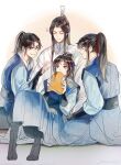 4boys absurdres angry annoyed artist_name bishounen black_hair blue_eyes blue_robe blue_sash book chinese_clothes chinese_commentary chu_wanning clenched_teeth closed_eyes closed_mouth commentary_request covering_mouth erha_he_tadebai_mao_shizun green_eyes grin hair_between_eyes hair_ornament hair_ribbon hand_up hands_up hanfu high_ponytail highres holding holding_book index_finger_raised long_hair long_sleeves looking_at_another male_focus mo_ran multiple_boys open_book parted_bangs pointing pointing_at_another ponytail profile puffy_sleeves red_ribbon ribbon robe sash sheng3_3 shi_mei sidelocks sitting smile sweatdrop teeth vambraces violet_eyes weibo_logo weibo_username white_robe xue_meng 