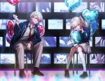  1boy 1girl arm_support balloon blazer blonde_hair blue_eyes blue_jacket brown_footwear closed_mouth commentary daenarys english_commentary grey_pants grey_skirt hair_over_one_eye heart_balloon hoshino_aquamarine hoshino_ruby jacket long_hair long_sleeves looking_at_viewer mismatched_pupils necktie object_hug one_side_up open_clothes open_jacket oshi_no_ko pants pink_eyes pleated_skirt red_necktie school_uniform short_hair siblings sidelocks sitting skirt smile socks star-shaped_pupils star_(symbol) symbol-shaped_pupils television twins white_socks youtou_high_school_uniform 