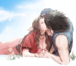  1boy 1girl aerith_gainsborough bare_arms bare_shoulders black_hair blue_sky bracelet braid braided_ponytail brown_hair choker closed_eyes clouds cloudy_sky couple crisis_core_final_fantasy_vii cropped_jacket day dress english_commentary final_fantasy final_fantasy_vii final_fantasy_vii_remake flower hair_ribbon hand_on_another&#039;s_chin hetero holding_hands interlocked_fingers jacket jewelry kiss linono lying on_side on_stomach outdoors parted_bangs pink_dress pink_ribbon red_jacket ribbon sidelocks sky sleeveless sleeveless_turtleneck spiky_hair sweater turtleneck turtleneck_sweater yellow_flower zack_fair 
