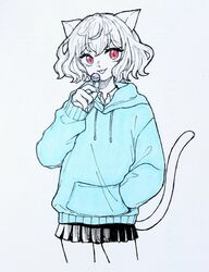  1other androgynous animal_ears black_skirt blue_hoodie candy cat_ears cat_tail chimera_ant cowboy_shot fingernails food hand_in_pocket highres holding holding_candy holding_food holding_lollipop hood hood_down hoodie hunter_x_hunter kisaragi_02468 lollipop long_sleeves looking_at_viewer neferpitou other_focus red_eyes sharp_fingernails short_hair simple_background skirt solo straight-on tail tongue tongue_out white_background white_hair 