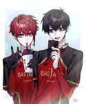  2boys absurdres black_gloves black_hair black_shirt blue_background blue_eyes blue_lock braid cellphone cup drinking_straw drinking_straw_in_mouth gloves hand_up hands_up highres holding holding_cup holding_phone isagi_yoichi kurona_ranze long_sleeves looking_at_viewer male_focus multiple_boys open_mouth phone red_eyes red_shirt redhead shirt short_hair side_braid single_braid smartphone smile two-tone_shirt unagibo v 