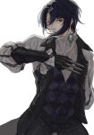  alcryst_(fire_emblem) alternate_costume ascot black_gloves blue_hair checkered_clothes closed_mouth fire_emblem fire_emblem_engage gauntlets gloves hair_between_eyes hair_ornament hairclip highres long_sleeves looking_at_viewer male_focus ramuniku_ooo red_eyes short_hair waistcoat weapon white_ascot white_background 