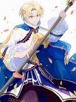  1boy alfred_(fire_emblem) ascot blonde_hair cape closed_mouth fire_emblem fire_emblem_engage frills green_eyes highres holding holding_weapon kino40346033 long_sleeves petals polearm short_hair smile solo spear weapon white_background yellow_ascot 