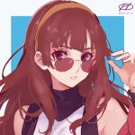  1girl alternate_hairstyle artist_name bare_shoulders brown_hair eyewear_on_head hairband haruto_(harut_n) kantai_collection kongou_(kancolle) long_hair looking_at_viewer solo sunglasses twitter_username upper_body violet_eyes 