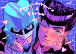  2boys black_jacket blue_background blue_eyes closed_mouth crazy_diamond diamond_wa_kudakenai hand_up head_rest higashikata_josuke highres jacket jojo_no_kimyou_na_bouken kshima_mo369 looking_at_viewer male_focus multiple_boys one_eye_closed parted_lips pompadour portrait purple_hair sketch smile stand_(jojo) 