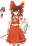  1girl ascot bare_shoulders brown_eyes brown_hair commentary_request detached_sleeves flat_chest frilled_hair_tubes frills gohei hair_tubes hakurei_reimu hand_on_own_hip holding holding_stick long_sleeves orange_ascot red_skirt red_vest simple_background skirt solo sparkle71059204 stick touhou vest white_background wide_sleeves 