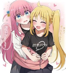  2girls :d ^_^ absurdres ahoge black_shirt black_skirt blonde_hair blue_eyes blush bocchi_the_rock! closed_eyes collarbone commentary_request cube_hair_ornament flying_sweatdrops frown gotou_hitori guided_hug hair_between_eyes hair_ornament happy highres holding_hands hug hug_from_behind ijichi_nijika jacket long_hair long_sleeves looking_at_another looking_back meiji_(meizi493) miniskirt multiple_girls nervous one_side_up open_mouth parted_bangs partial_commentary pink_jacket pleated_skirt polka_dot polka_dot_background revision shirt short_sleeves side_ponytail sidelocks simple_background skirt smile speech_bubble sweatdrop translated very_long_hair wavy_mouth white_background wide-eyed yuri zipper_pull_tab 