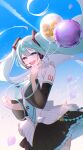  1girl 39 :d absurdres arm_tattoo balloon black_skirt black_sleeves blue_eyes blue_hair blue_necktie blue_sky contrail detached_sleeves dress_shirt floating_hair hair_between_eyes half-closed_eyes hatsune_miku headphones headset highres holding holding_balloon long_hair long_sleeves looking_at_viewer mamo_(fortune-mm) microphone miniskirt necktie number_tattoo pleated_skirt see-through see-through_sleeves shirt skirt sky sleeveless sleeveless_shirt smile solo standing tattoo twintails very_long_hair vocaloid white_shirt 