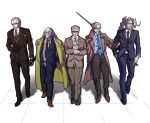  5boys alternate_costume arms_behind_back balding beard black_gloves black_pants black_suit blue_necktie blue_pants blue_suit braid braided_beard brown_coat brown_pants brown_suit cane casual christopher_columbus_(fate) cigar coat coat_on_shoulders facial_hair fate/grand_order fate_(series) formal full_body glasses gloves grey_hair hand_in_pocket highres holding holding_cane holding_cigar holding_sword holding_weapon james_moriarty_(archer)_(fate) li_shuwen_(fate) li_shuwen_(old)_(fate) long_beard long_hair looking_to_the_side male_focus mature_male multiple_boys multiple_braids necktie old old_man pants red_necktie scar scar_on_face shirt short_hair simple_background smile striped striped_necktie striped_shirt suit sunglasses sword syuugou_11 very_long_beard watch watch weapon white_background white_shirt wrinkled_skin yagyuu_munenori_(fate) yellow_coat zhang_jue_(fate) 