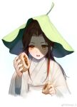  1boy :o aged_down artist_name bishounen blush brown_eyes brown_hair chinese_clothes chinese_commentary chu_wanning commentary_request erha_he_tadebai_mao_shizun food food_request hand_up hanfu highres holding holding_food leaf leaf_on_head long_hair long_sleeves looking_at_viewer male_focus open_mouth parted_bangs ponytail robe sheng3_3 sidelocks simple_background solo teeth upper_body upper_teeth_only weibo_logo weibo_username white_background white_robe wide_sleeves xia_sini 