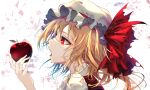  1girl absurdres apple ascot blonde_hair commentary_request eyelashes fang fingernails flandre_scarlet food from_side fruit hat highres holding holding_food holding_fruit mob_cap one_side_up open_mouth portrait red_eyes simple_background solo touhou white_background white_headwear wing_collar yamanakaume yellow_ascot 