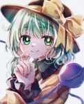  1girl black_headwear bow closed_mouth commentary green_eyes green_hair grey_background hat hat_bow highres komeiji_koishi long_sleeves looking_at_viewer medium_hair simple_background smile solo tarutsu third_eye touhou yellow_bow 