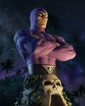  1boy 3d abs bodysuit crossed_arms domino_mask english_commentary highres joydeep_bairagi male_focus mask muscular night outdoors pectorals purple_bodysuit serious skull skull_belt solo the_phantom_(lee_falk) the_phantom_(series) tree upper_body 