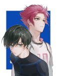  2boys black_bodysuit black_hair blue_background blue_eyes blue_lock bodysuit brothers closed_mouth collared_shirt frown highres itoshi_rin itoshi_sae looking_away male_focus multiple_boys p66666l redhead shirt short_hair siblings soccer_uniform sportswear upper_body v-shaped_eyebrows white_shirt 
