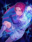  1boy ball black_gloves blue_eyes blue_lock closed_mouth commentary cowboy_shot gloves highres itoshi_sae kshima_mo369 long_sleeves looking_at_viewer male_focus purple_background redhead shirt short_hair shorts soccer_ball socks solo standing white_shirt white_shorts white_socks 